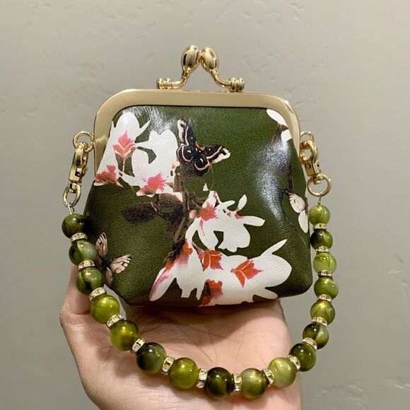 Handmade Genuine Leather Floral Print, Vintage Style Double Kisslock Handbag Set - Picture 15 of 16